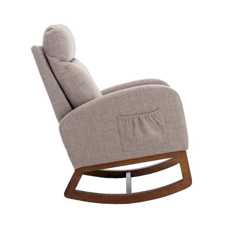 Upholstered Rocking Chair with Wood Legs and Side Pockets