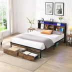 King Size Metal Bed Frame with Wooden Headboard and LED Lights