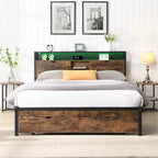 King Size Metal Bed Frame with Wooden Headboard and LED Lights