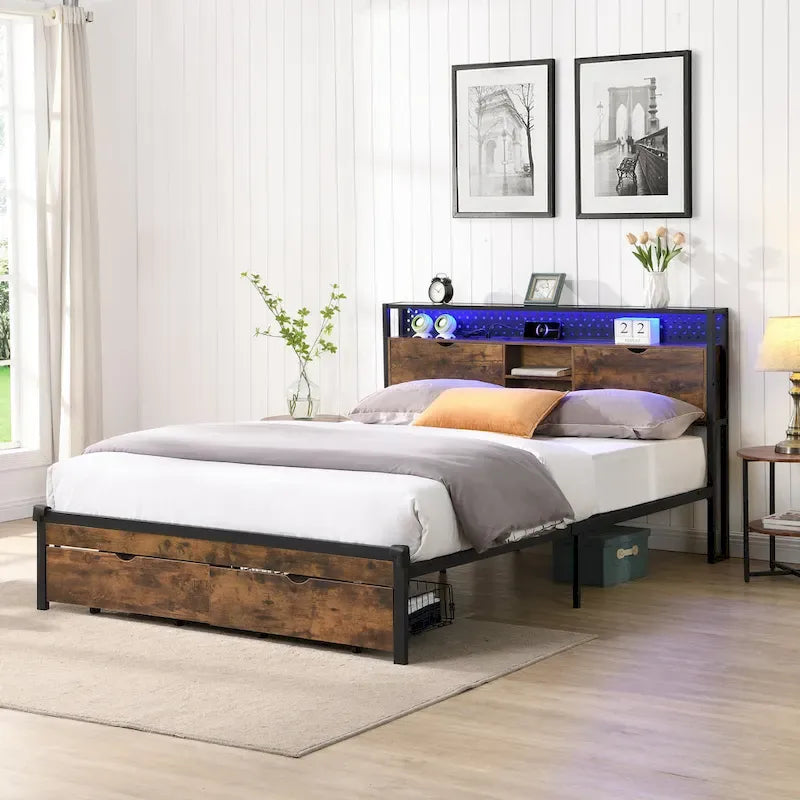 King Size Metal Bed Frame with Wooden Headboard and LED Lights