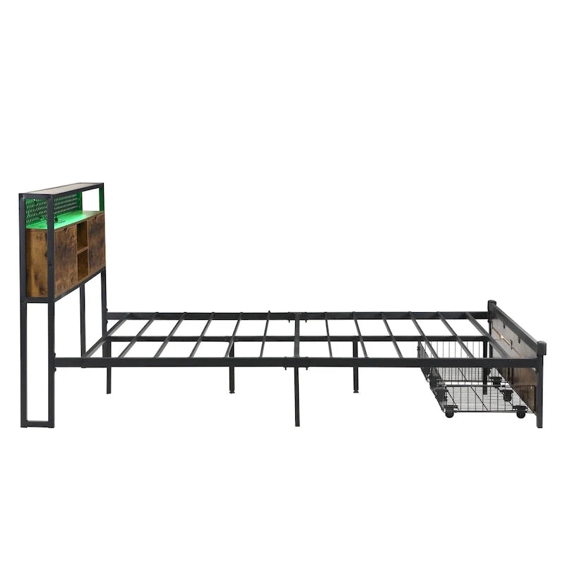 King Size Metal Bed Frame with Wooden Headboard and LED Lights
