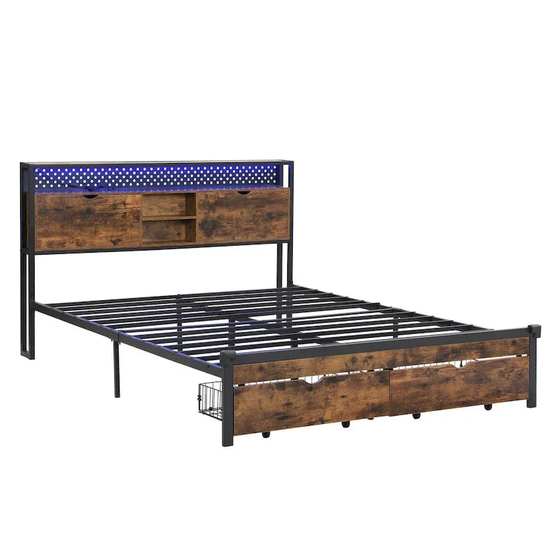 King Size Metal Bed Frame with Wooden Headboard and LED Lights