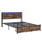 King Size Metal Bed Frame with Wooden Headboard and LED Lights