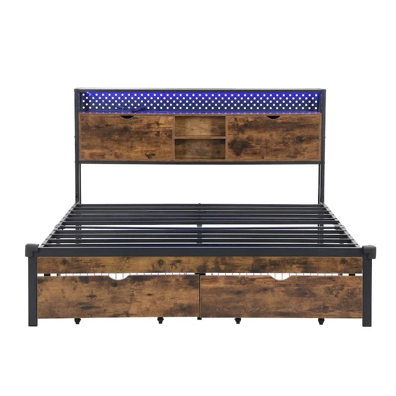 King Size Metal Bed Frame with Wooden Headboard and LED Lights
