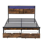 King Size Metal Bed Frame with Wooden Headboard and LED Lights