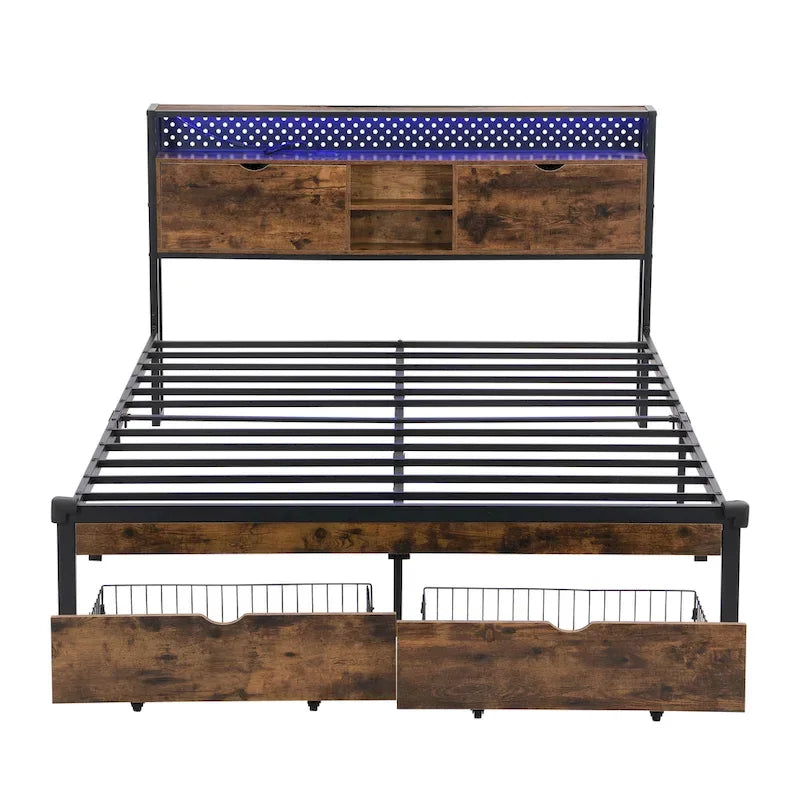 King Size Metal Bed Frame with Wooden Headboard and LED Lights