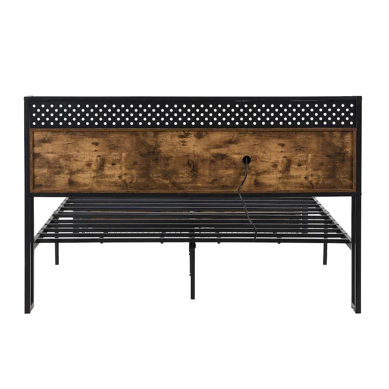 King Size Metal Bed Frame with Wooden Headboard and LED Lights