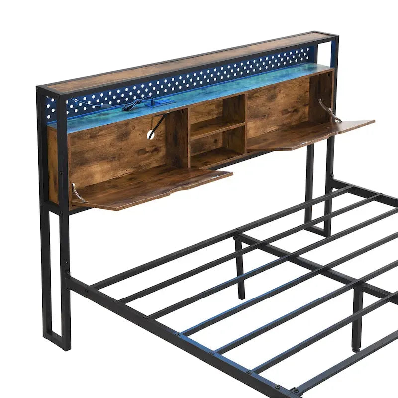 King Size Metal Bed Frame with Wooden Headboard and LED Lights