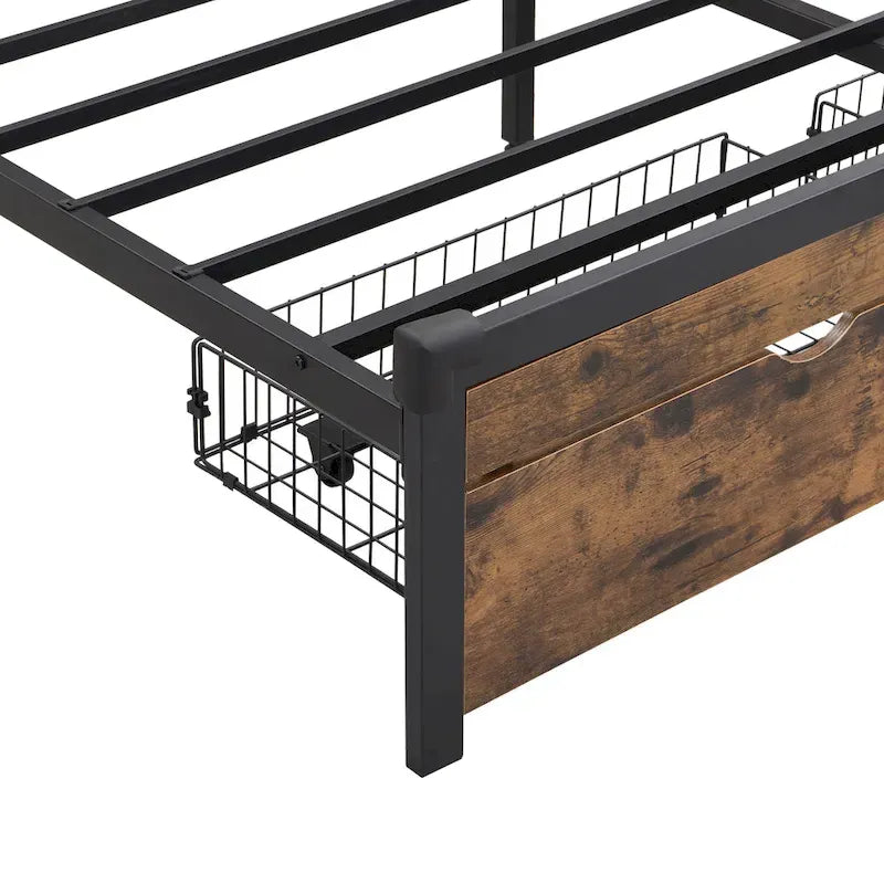 King Size Metal Bed Frame with Wooden Headboard and LED Lights