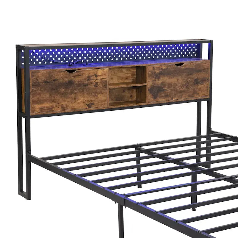 King Size Metal Bed Frame with Wooden Headboard and LED Lights