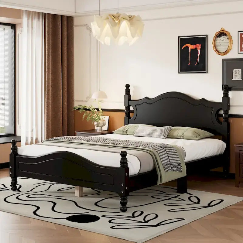 Pine Wood Platform Bed with Headboard