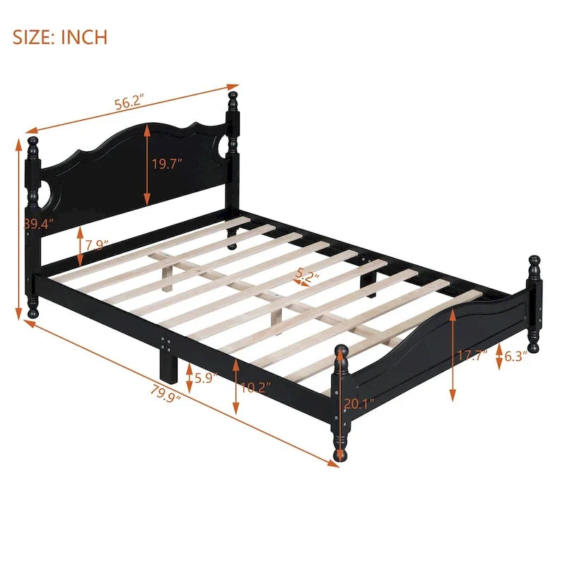Pine Wood Platform Bed with Headboard