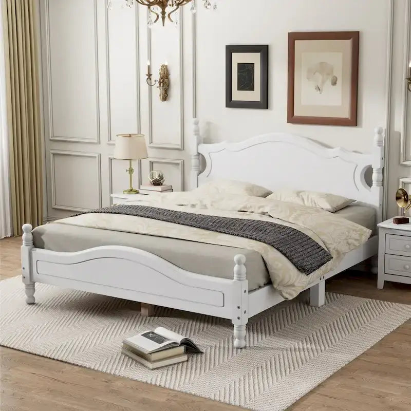 Pine Wood Platform Bed with Headboard