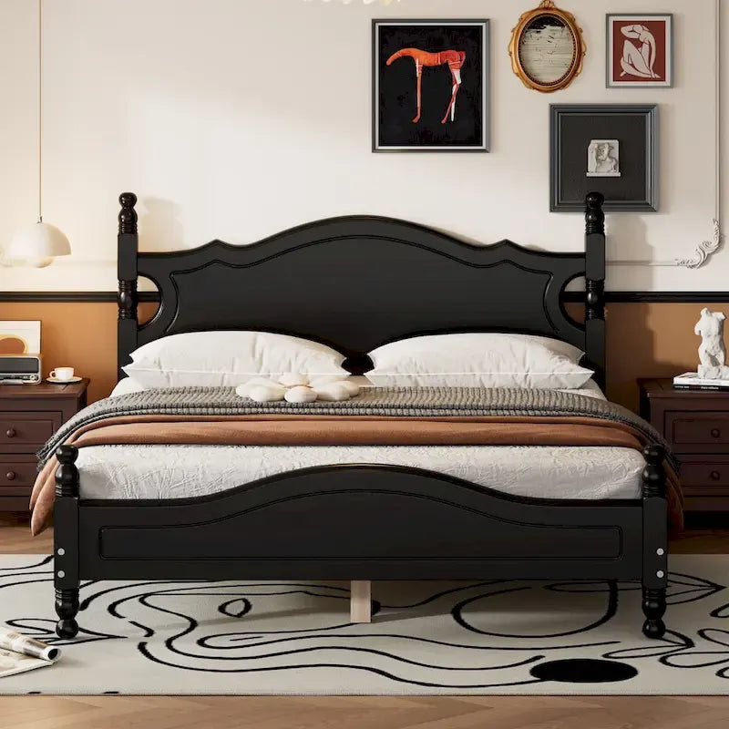 Pine Wood Platform Bed with Headboard