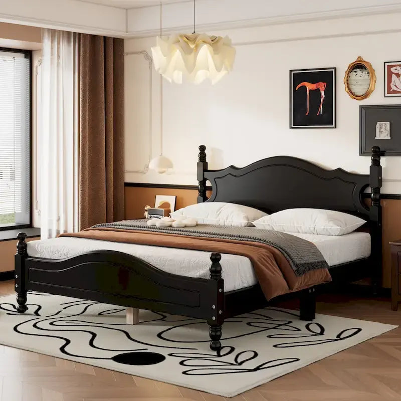 Pine Wood Platform Bed with Headboard