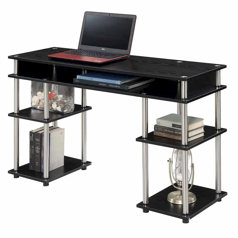 Brown Single-Person Desk with Shelves, No-Tool Assembly