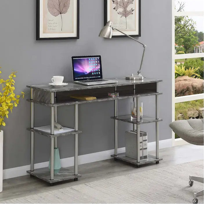 Brown Single-Person Desk with Shelves, No-Tool Assembly