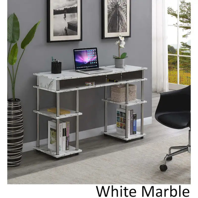 Brown Single-Person Desk with Shelves, No-Tool Assembly