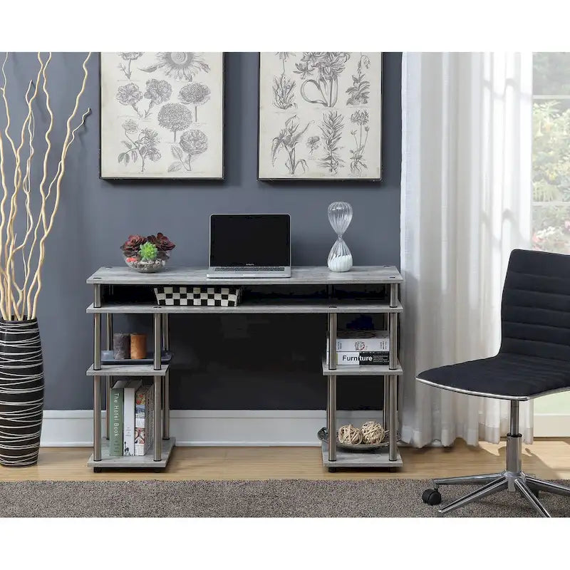 Brown Single-Person Desk with Shelves, No-Tool Assembly
