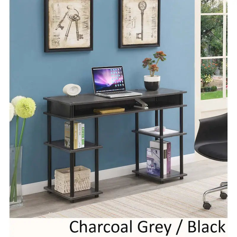 Brown Single-Person Desk with Shelves, No-Tool Assembly