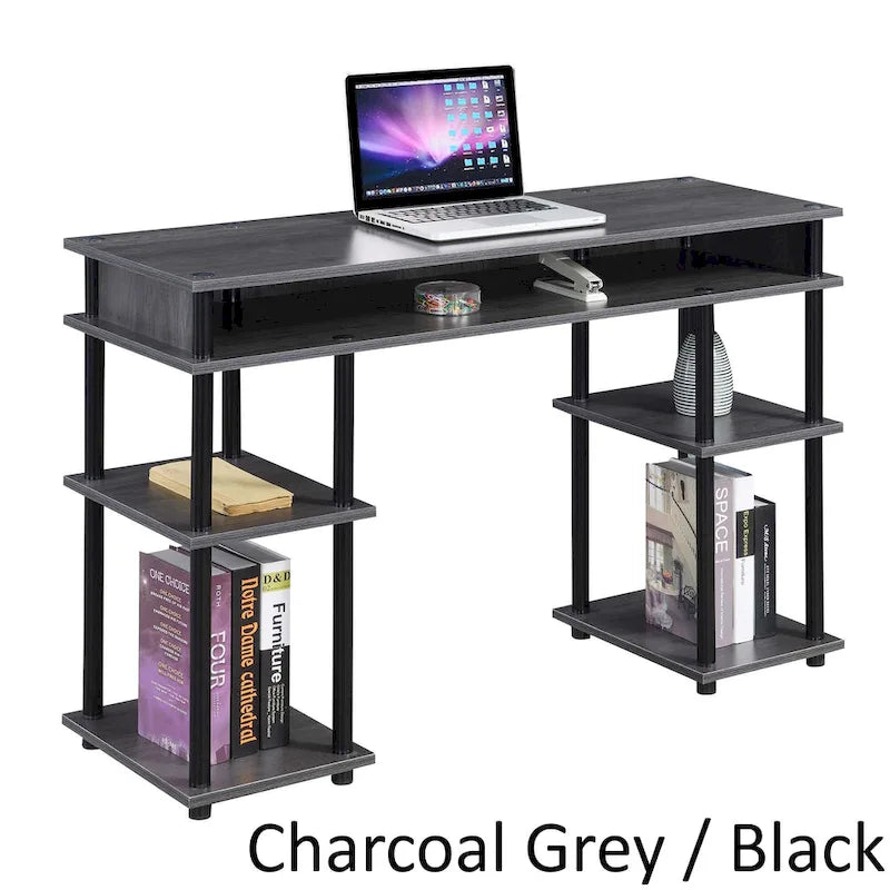 Brown Single-Person Desk with Shelves, No-Tool Assembly