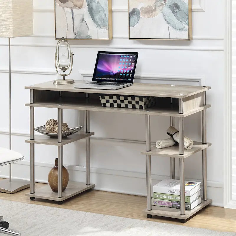 Brown Single-Person Desk with Shelves, No-Tool Assembly