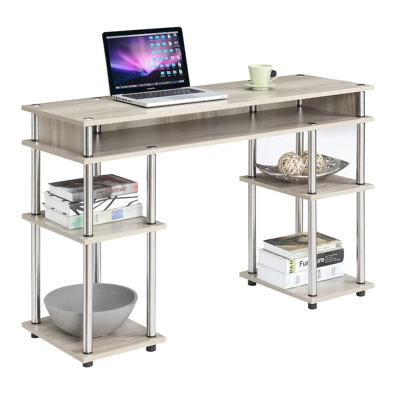 Brown Single-Person Desk with Shelves, No-Tool Assembly