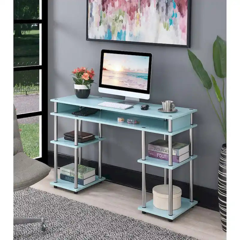Brown Single-Person Desk with Shelves, No-Tool Assembly