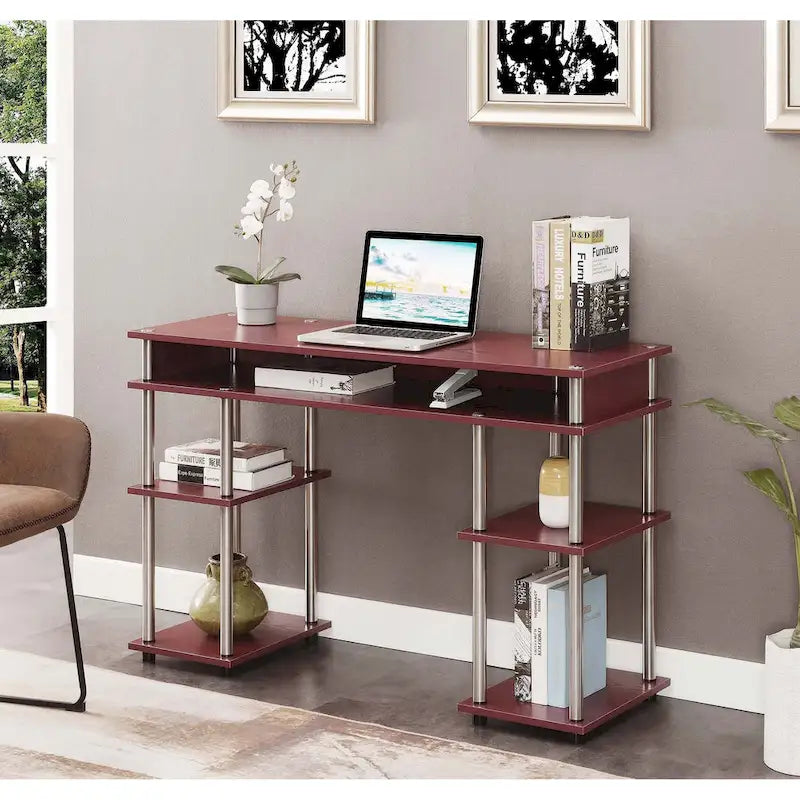 Brown Single-Person Desk with Shelves, No-Tool Assembly