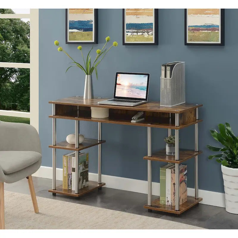 Brown Single-Person Desk with Shelves, No-Tool Assembly