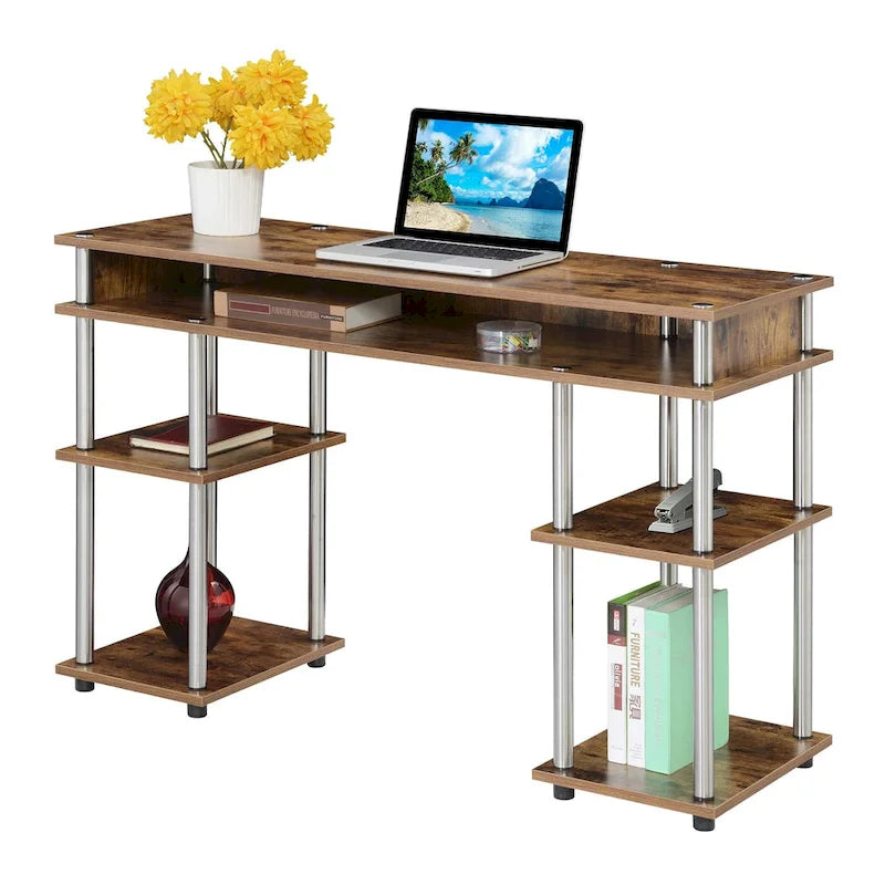 Brown Single-Person Desk with Shelves, No-Tool Assembly