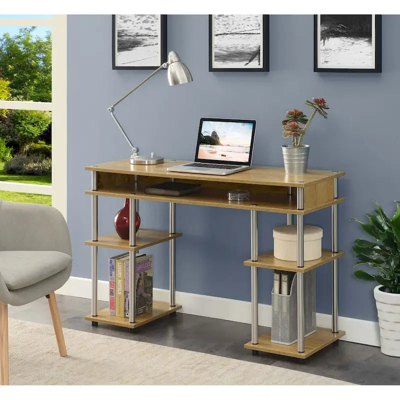 Brown Single-Person Desk with Shelves, No-Tool Assembly