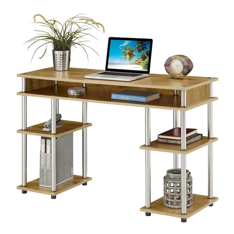 Brown Single-Person Desk with Shelves, No-Tool Assembly