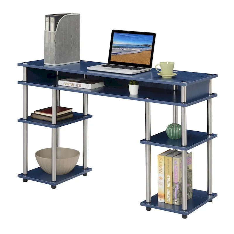 Brown Single-Person Desk with Shelves, No-Tool Assembly