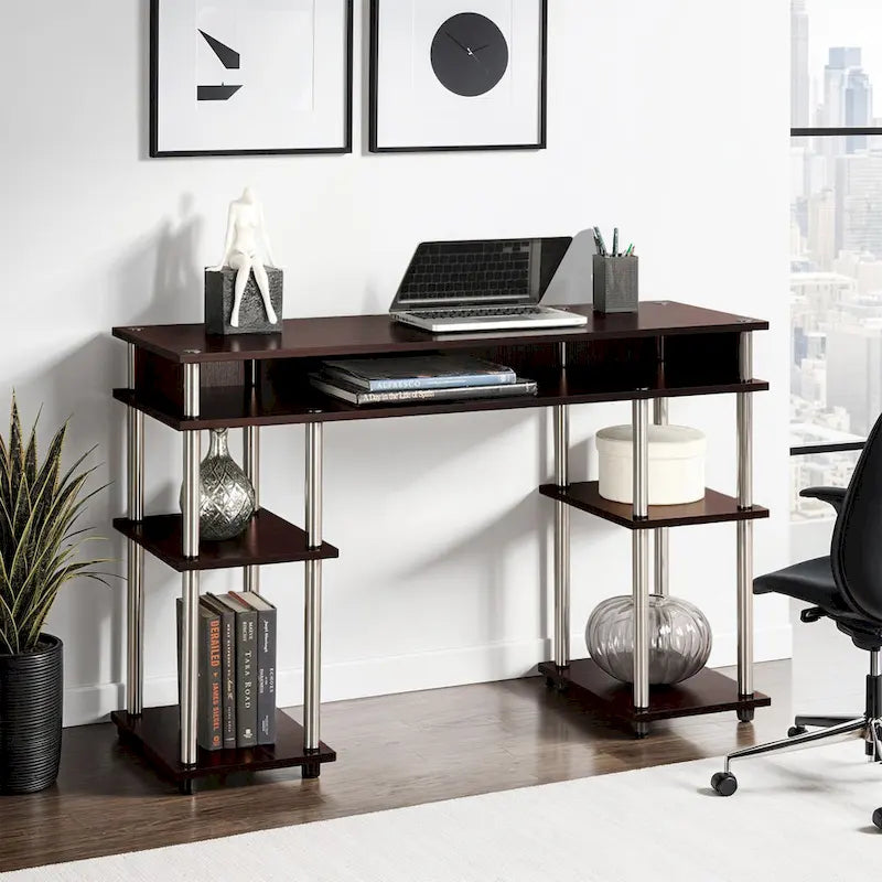 Brown Single-Person Desk with Shelves, No-Tool Assembly