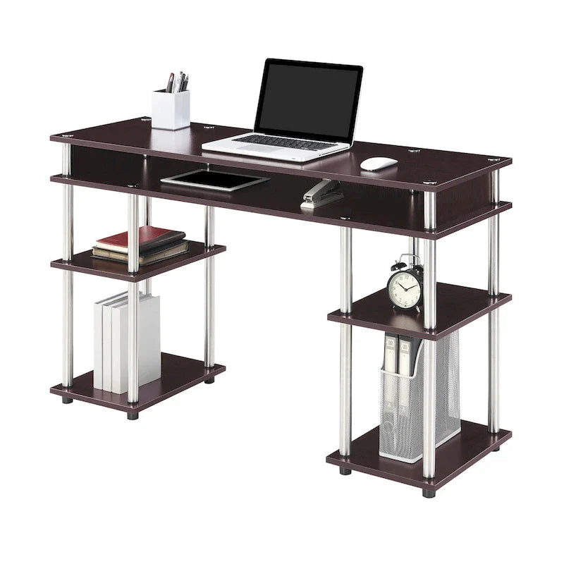 Brown Single-Person Desk with Shelves, No-Tool Assembly
