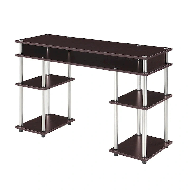 Brown Single-Person Desk with Shelves, No-Tool Assembly