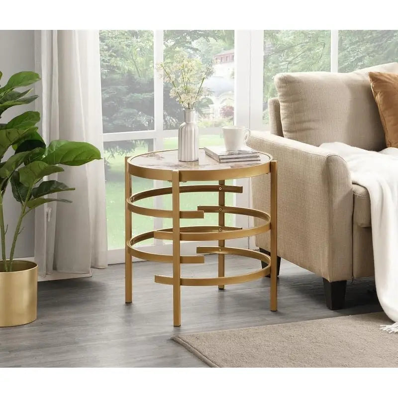 Round End Table with Sintered Stone Top and Metal Frame