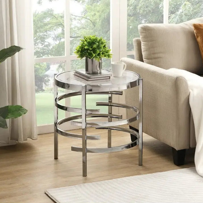 Round End Table with Sintered Stone Top and Metal Frame
