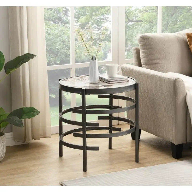 Round End Table with Sintered Stone Top and Metal Frame