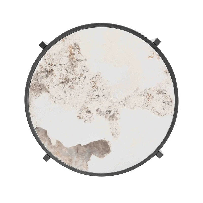 Round End Table with Sintered Stone Top and Metal Frame