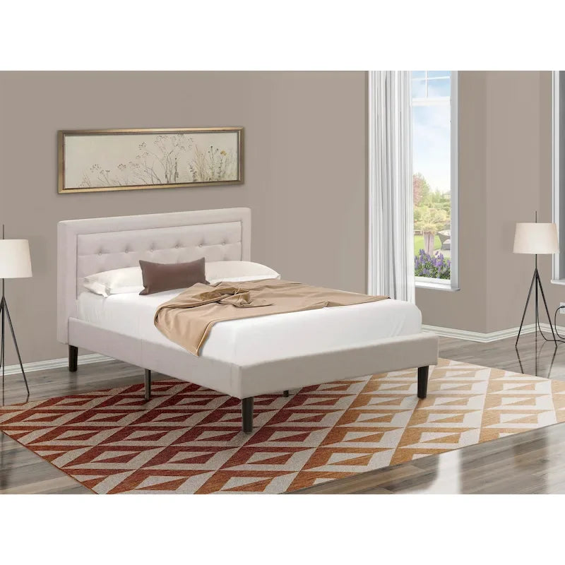 Platform Bed - Upholstered Linen Fabric Headboard with Button Tufted Trim - Black Legs
