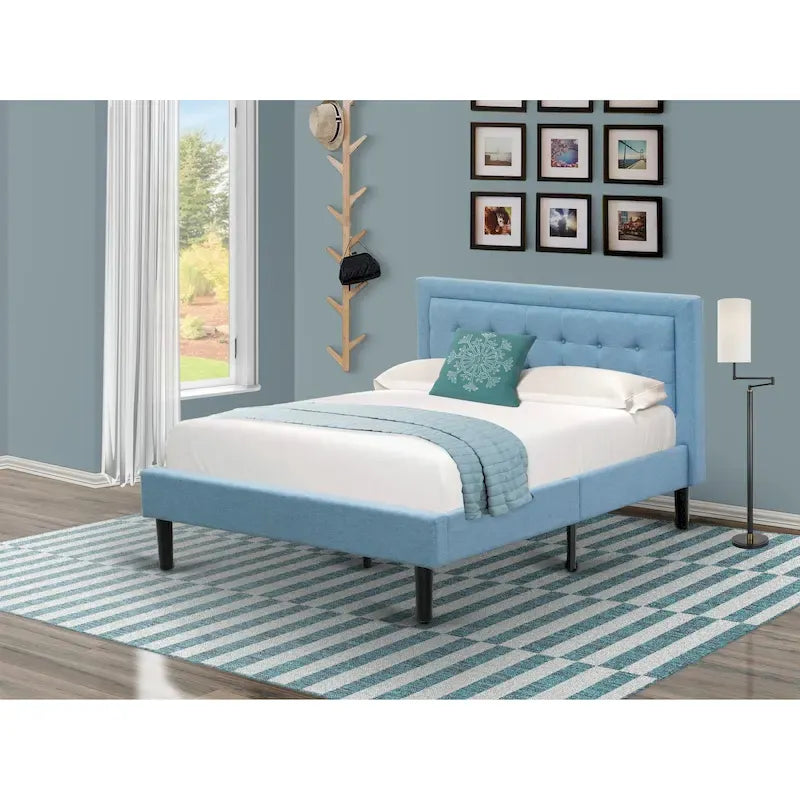 Platform Bed - Upholstered Linen Fabric Headboard with Button Tufted Trim - Black Legs