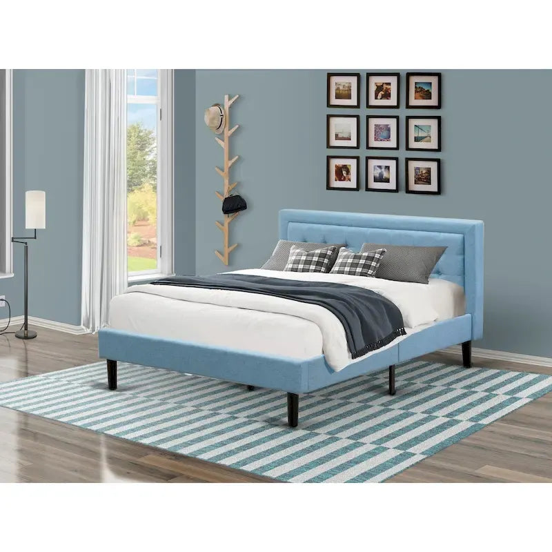 Platform Bed - Upholstered Linen Fabric Headboard with Button Tufted Trim - Black Legs