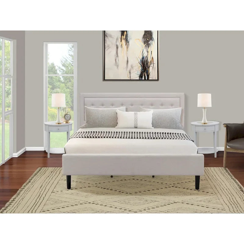 Platform Bed - Upholstered Linen Fabric Headboard with Button Tufted Trim - Black Legs