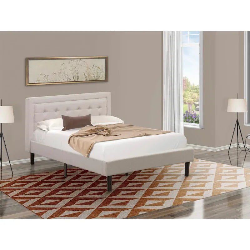 Platform Bed - Upholstered Linen Fabric Headboard with Button Tufted Trim - Black Legs