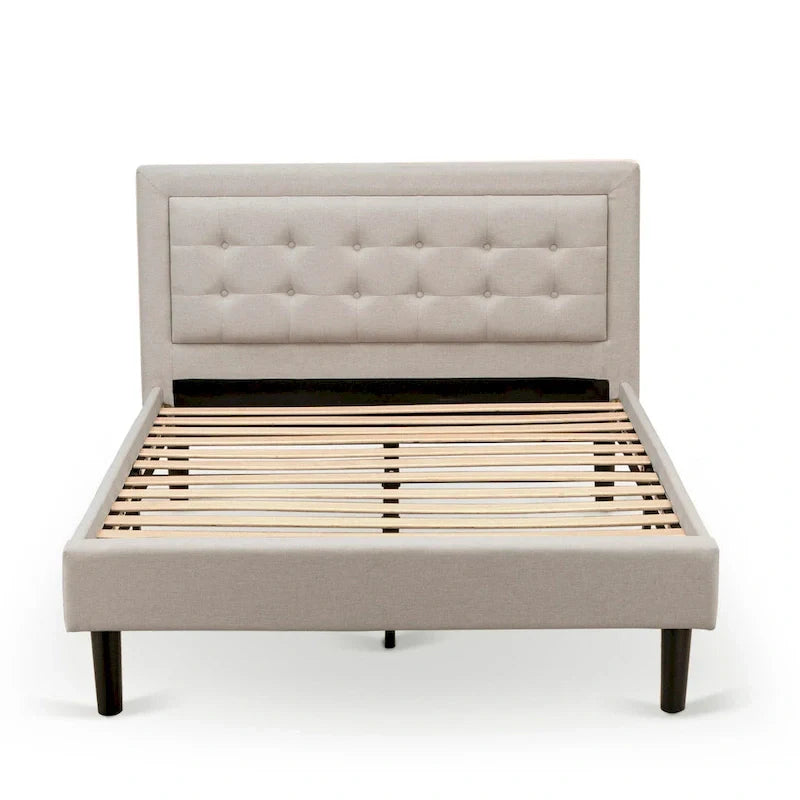 Platform Bed - Upholstered Linen Fabric Headboard with Button Tufted Trim - Black Legs