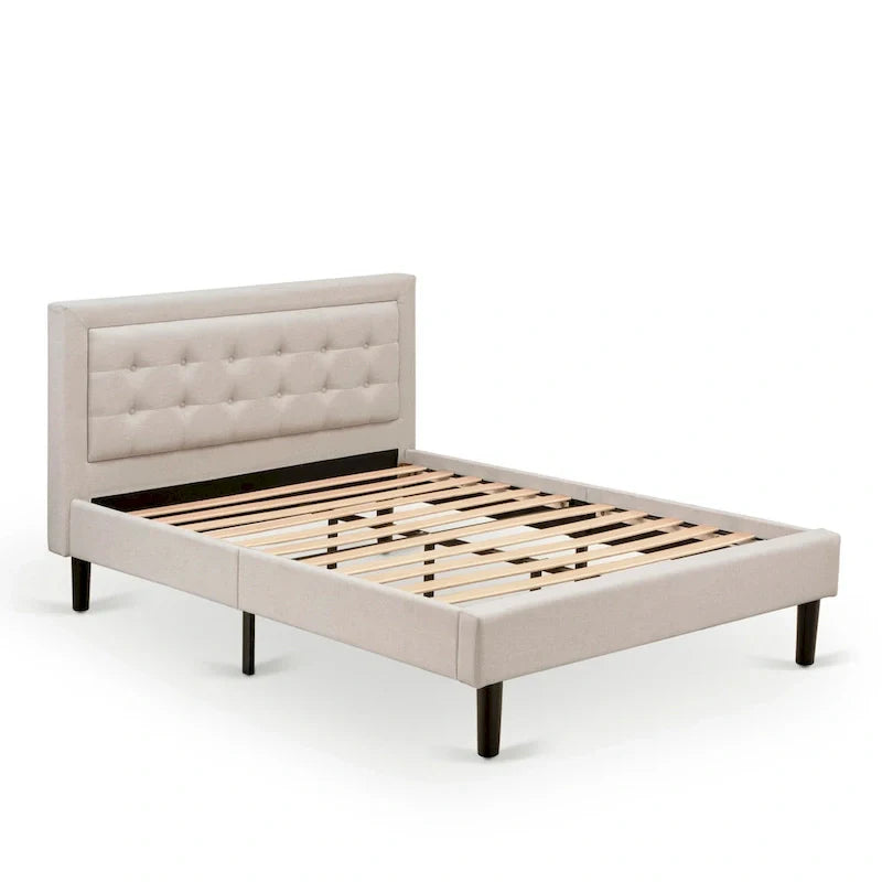 Platform Bed - Upholstered Linen Fabric Headboard with Button Tufted Trim - Black Legs