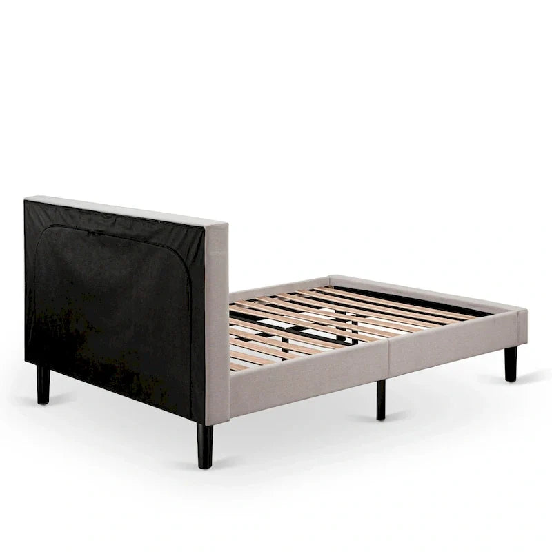 Platform Bed - Upholstered Linen Fabric Headboard with Button Tufted Trim - Black Legs