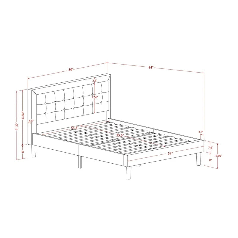 Platform Bed - Upholstered Linen Fabric Headboard with Button Tufted Trim - Black Legs